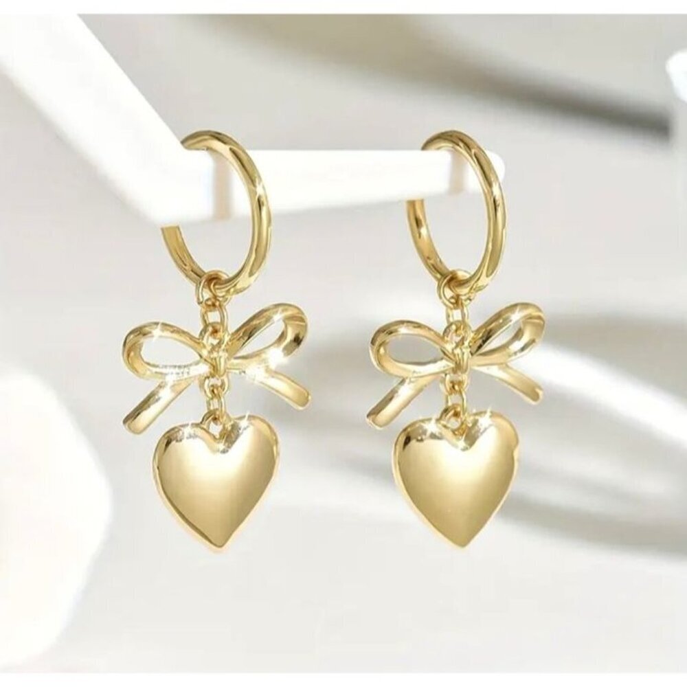 Gold Bow Heart Drop Huggie Hoop Earrings Ribbon Charm Dangle Romantic Cute